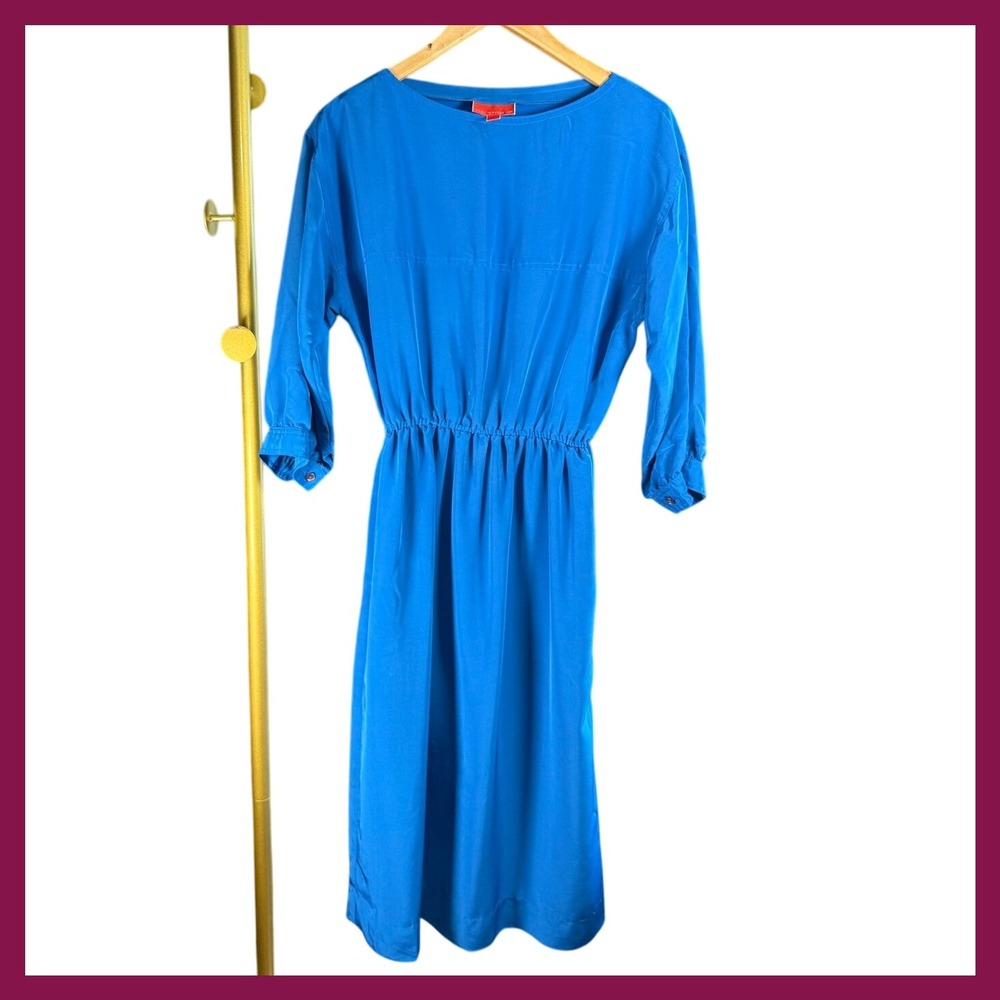 Vintage‎ Halston III Blue Dress Size 8 Elastic Waist 3/4 Sleeve Midi